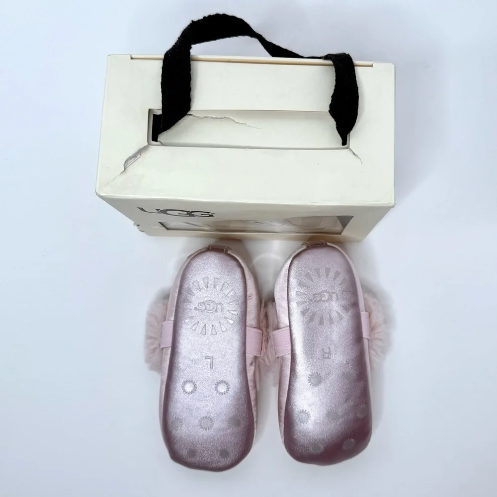 UGG Baby Light Pink Satin Faux Fur Fluff Trim Ballet Flats